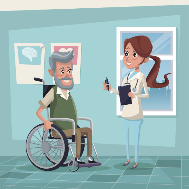 彩色背景医院病房，有坐轮椅的老人和女性治疗师图片下载