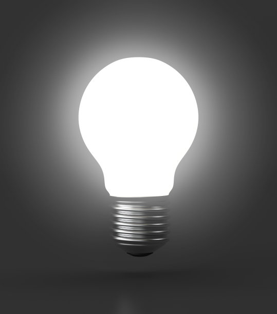 3d插图-想法设计，亮度灯泡在黑色背景-最小的想法概念。图片下载