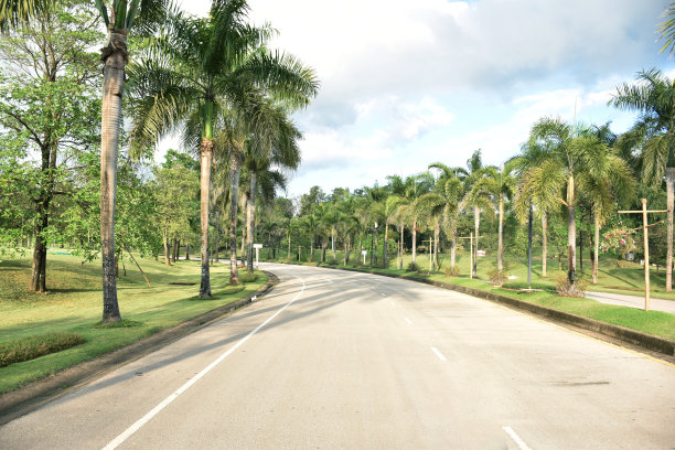 在晴朗的夏日里，泰国南邦的矿山公园里有一条非常清晰的道路，晴朗的天气里有湛蓝的天空。公园里有很多绿树，新鲜的空气很适合假期游玩。图片下载