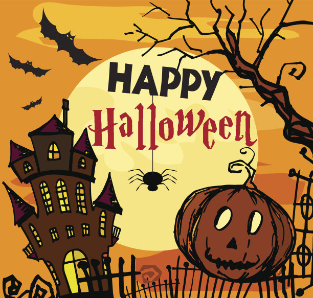 在夜晚有南瓜的古老荒废的孤立城堡。图片下载