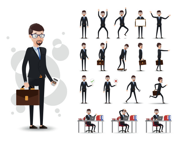男性商人2D字符集与胡子穿着西装图片下载