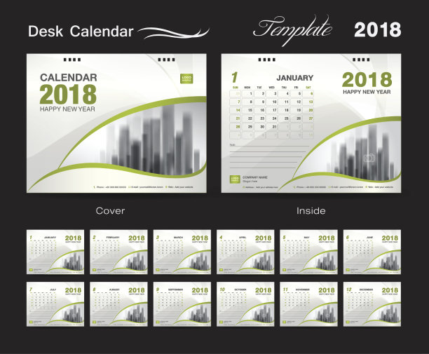 封面台历2018年模板，横纸，商业宣传册传单布局，封面设计，书籍封面，杂志，广告，通讯，印刷媒体，传单，广告，矢量图片下载