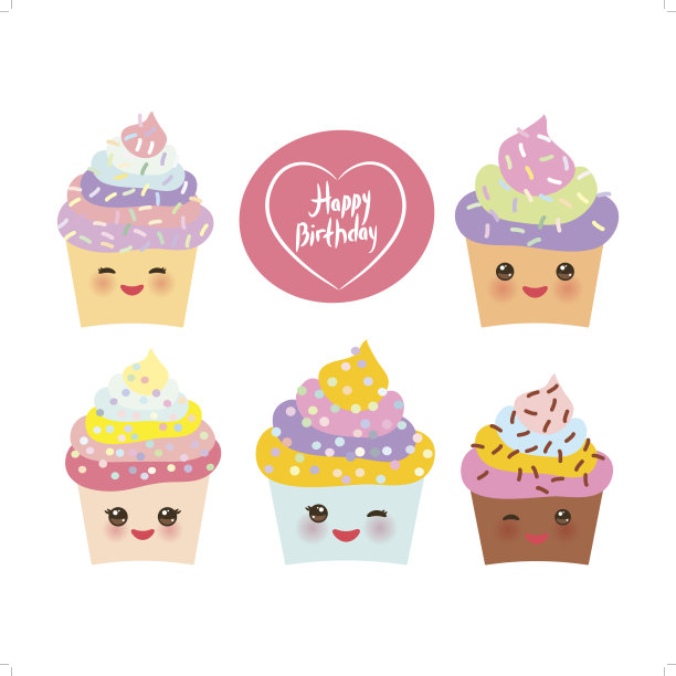 快乐的生日贺卡设计杯蛋糕卡哇伊有趣的口吻与粉红色的脸颊和眨眼的眼睛，柔和的颜色在白色的背景。向量图片下载