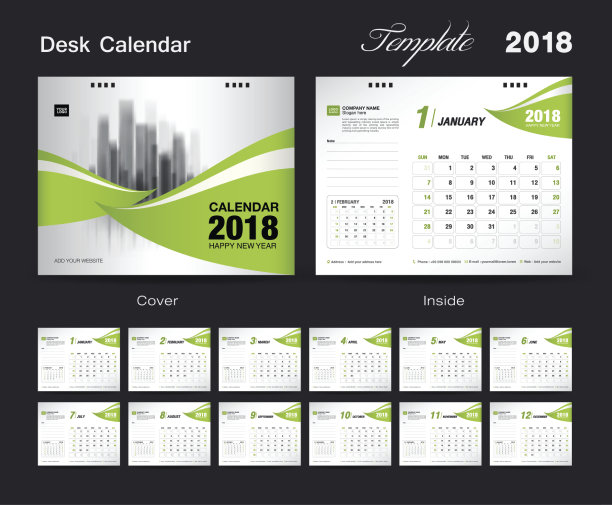 封面台历2018年模板，横纸，商业宣传册传单布局，封面设计，书籍封面，杂志，广告，通讯，印刷媒体，传单，广告，矢量图片下载