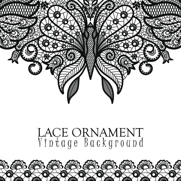 矢量装饰背景与蕾丝设计和文本的地方。黑白相间的花卉图案，有装饰性的花、叶和蝴蝶素材图片