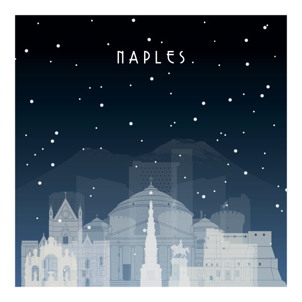 那不勒斯的冬夜。夜晚城市在平面风格的横幅，海报，插图，游戏，背景。图片下载