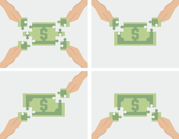 共同赚钱或众筹的概念。手把钞票拼在一起，样式扁平图片下载