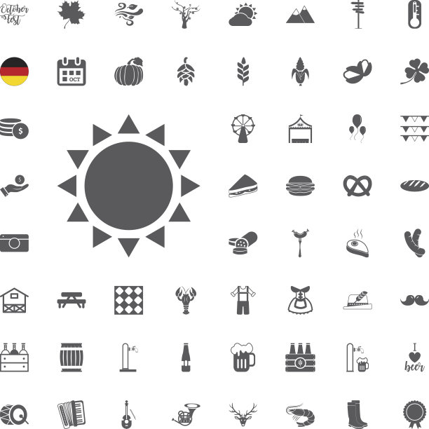 慕尼黑啤酒节的图标设置香肠，椒盐卷饼，啤酒，帽子，和手风琴。矢量插图卡通风格孤立在白色背景图片下载