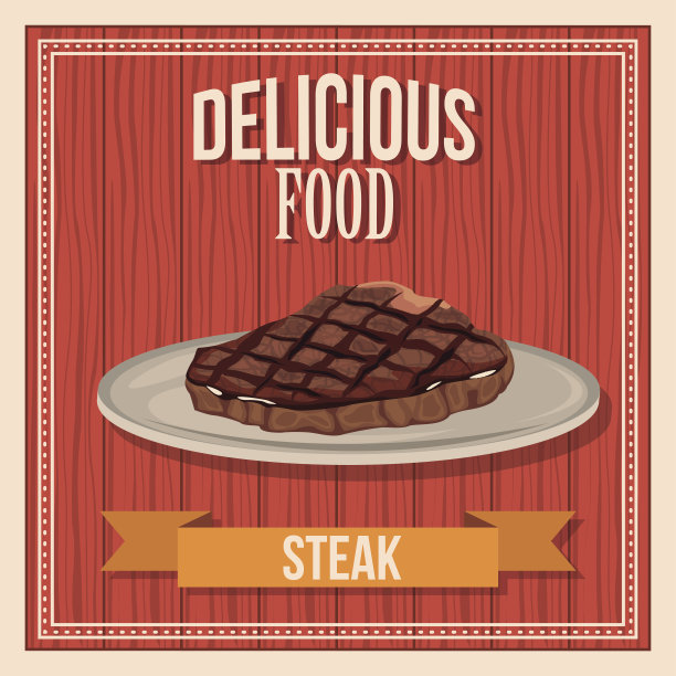美味的食物。牛排快餐。海报木制背景图片下载