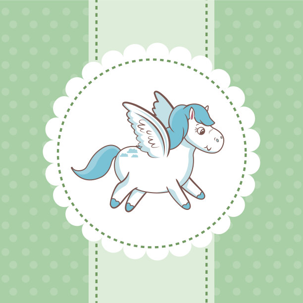 可爱的独角兽飞行圆点绿色背景卡图片下载