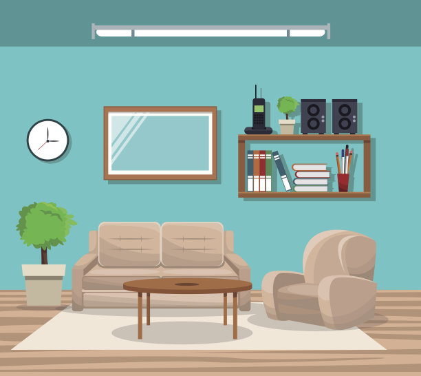 客厅，沙发，椅子，花盆，树，电话，书架，镜子，桌子图片下载