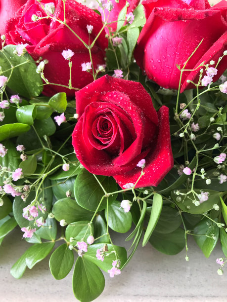 大理石餐桌上的红玫瑰花束图片下载