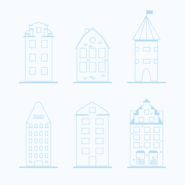 一套6种颜色的斯堪的那维亚房子在平坦的风格。图片下载