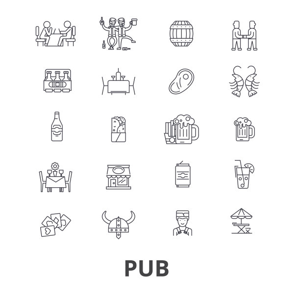 酒吧，酒吧，啤酒，酒精派对，啤酒厂，俱乐部系列图标。可编辑的中风。平面设计矢量插图符号概念。线性独立的迹象图片下载