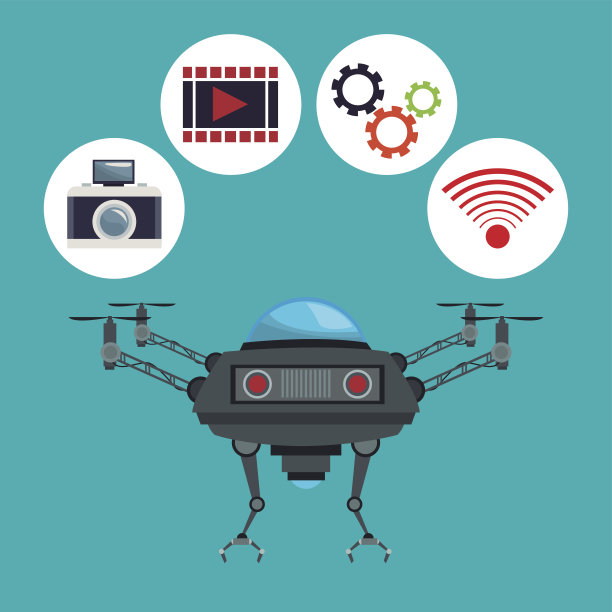 彩色背景无人机与金属手臂和图标设置技术机器人图片下载