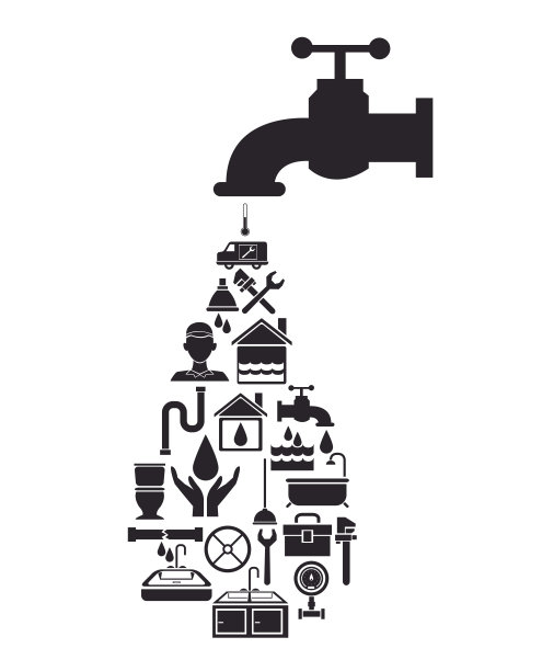 黑色剪影住宅，带有水滴形管道元件的水龙头图片下载