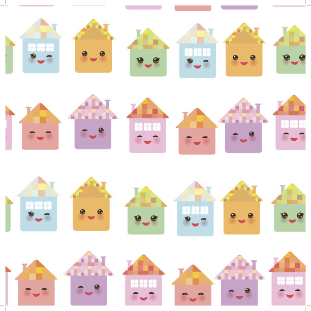 有趣的快乐的房子，可爱的脸，微笑，粉红色的脸颊，大眼睛。无缝图案，柔和的颜色在白色的背景。向量图片下载