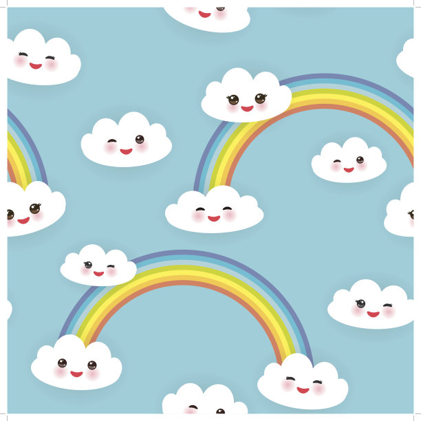 可爱有趣的白云，口鼻与粉红色的脸颊和眨巴的眼睛。无缝模式上的蓝色背景。向量图片下载
