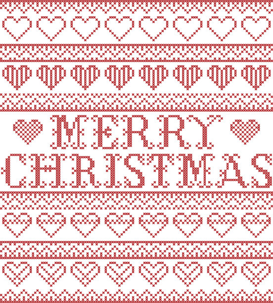 圣诞快乐北欧风格和灵感来自斯堪的纳维亚十字绣工艺无缝圣诞图案在红色和白色包括各种心元素和装饰装饰品图片下载