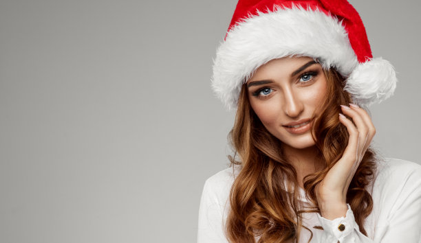 女模特戴圣诞老人帽素材图片
