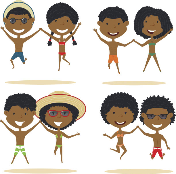 可爱的非洲裔美国夫妇在海滩矢量插图上跳跃。图片下载