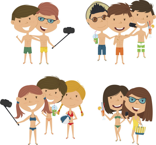 海滩上的男性和女性角色制作了一张自拍照矢量图。图片下载