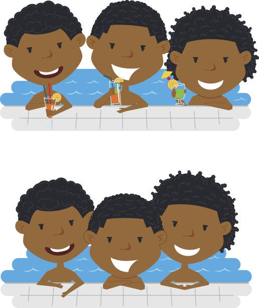 可爱的非裔美国人欢快的男孩放松和喝鸡尾酒在游泳池。图片下载