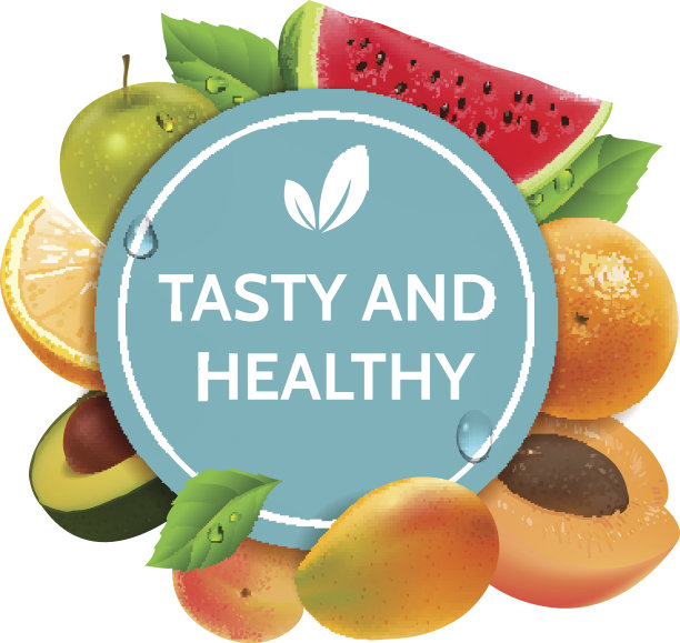 五颜六色的水果。美味健康的饮食。天然水果和绿叶周围的蓝色圆标签。苹果，橘子，鳄梨，西瓜，芒果和杏。现实的例子。向量eps 10。图片下载