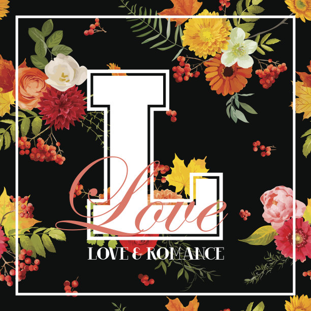 t恤花爱设计与花和秋叶。浪漫的自然背景在向量图片下载