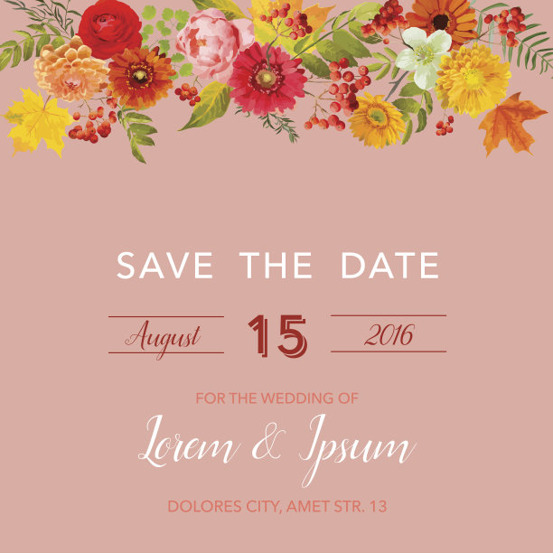 花婚礼邀请卡模板与秋天的花，叶和月桂莓。婴儿淋浴装饰向量图片下载