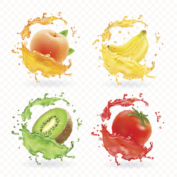 猕猴桃、香蕉、番茄、桃杏子汁。逼真的新鲜飞溅矢量水果图标设置图片下载