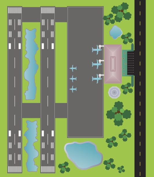 机场布局俯视图双跑道停车滑行道和建筑细节图片下载