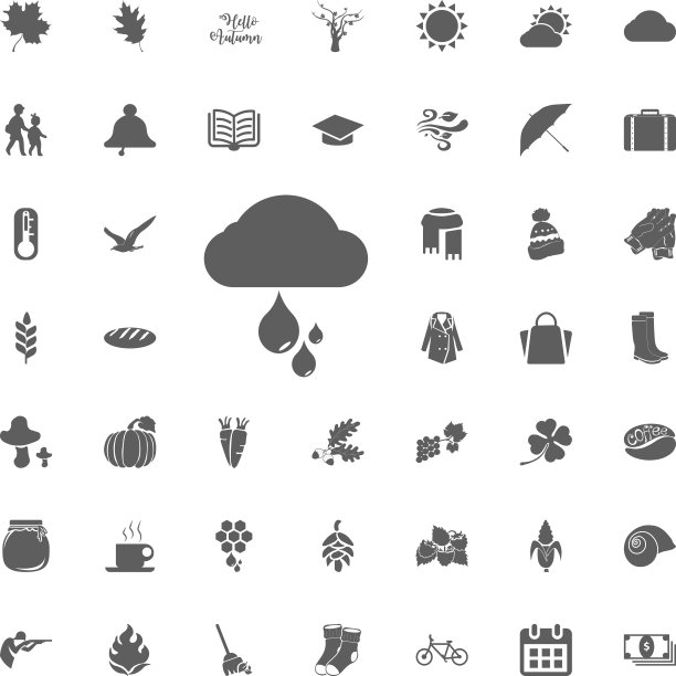 秋集伞，雨，胶靴在灯光背景上。秋季图标和对象设置。秋天。下降。卡通快乐秋元素矢量设计。雨云与雨滴一起沉淀。图片下载