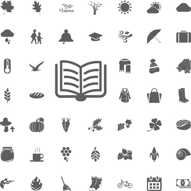 秋集有女孩和咖啡、树叶、蘑菇、雨伞、九月、橡胶鞋、小鸟、文字Hello秋、设计元素、线条、书籍。矢量插图孤立在白色背景。花环。图片下载