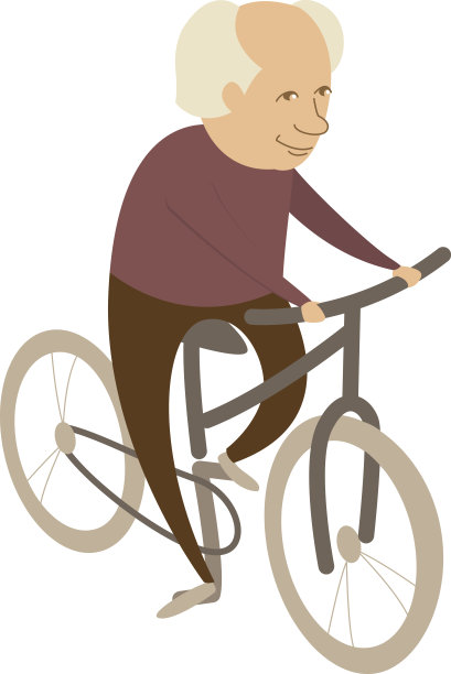 老爷爷骑着自行车。平面设计风格图片下载