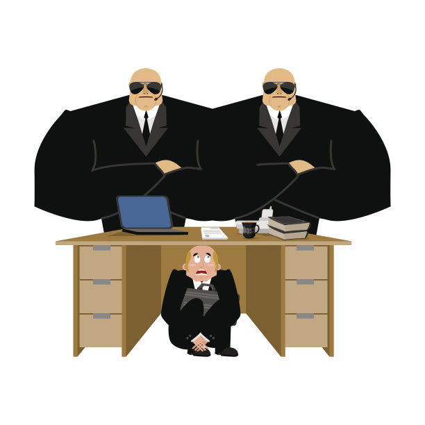 商人害怕在桌子底下的收藏家。惊恐的商人在工作台上。偿还债务。老板害怕办公桌。逃避欠款。矢量图图片下载