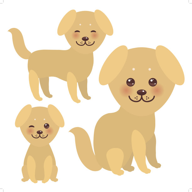 设置卡哇伊有趣的金色米黄色狗，脸与大眼睛和粉红色的脸颊，孤立在白色的背景。向量图片下载