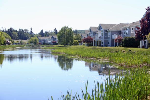 非常好的现代住宅在一个风景如画的水边设置图片下载