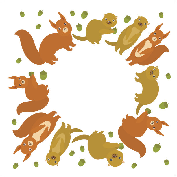 一组有趣的红色松鼠与地鼠毛茸茸的尾巴与橡子孤立在白色的背景。向量图片下载