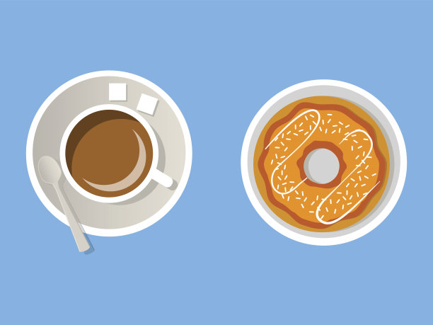 瓷杯，加糖的咖啡，一勺茶托，还有一个涂了糖霜的甜甜圈。图片下载