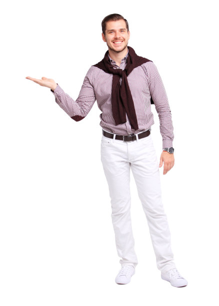 快乐微笑的年轻人展示和展示你的文本或产品孤立在白色图片下载