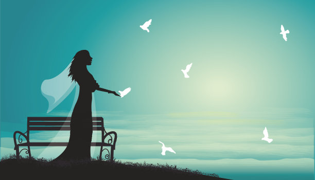 婚礼，新娘和鸽子靠近海边的长椅，新娘和太阳升起或日落，图片下载