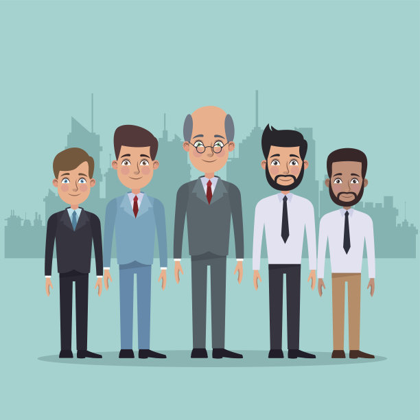 色彩城市景观剪影背景，全身设置多名商业男性人物图片下载