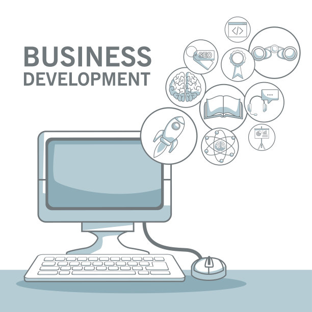 白色背景与剪影彩色部分阴影桌面电脑与浮动图标业务发展图片下载