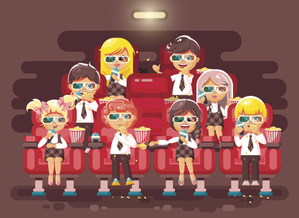 矢量插画卡通人物小朋友、同学、小学生、男生、女生、男生、女生坐在扶手椅上，电影院大厅里，吃着爆米花，在平板3d眼镜上看电影图片下载