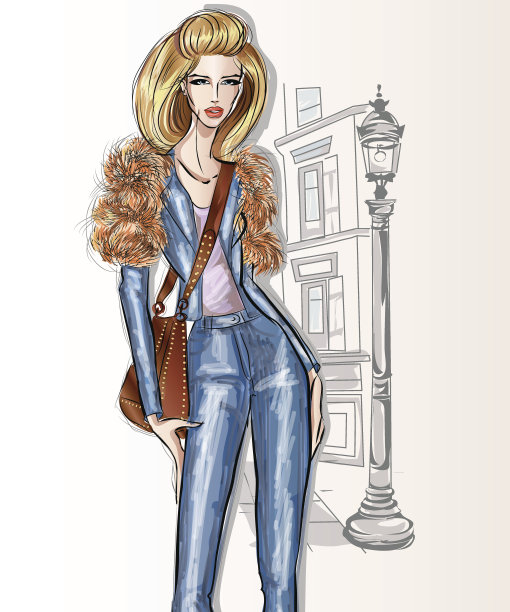 年轻美丽性感的女人在时尚素描风格。街头风格的女孩穿着牛仔与城市背景向量图片下载