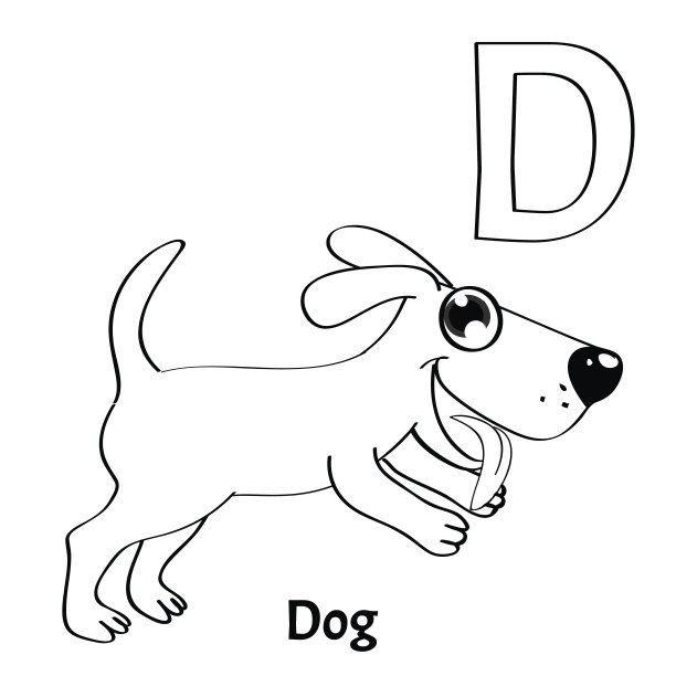 向量字母D，涂色页。狗图片下载