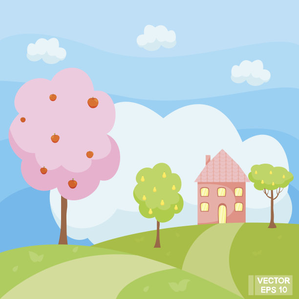 可爱的风景，房子和树图片下载