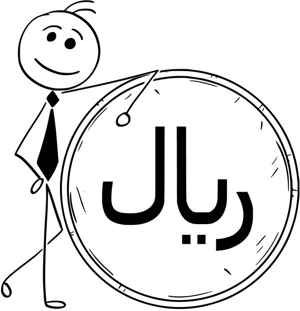 卡通插图微笑的商人倚在大里亚尔硬币图片下载