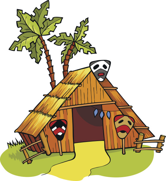 矢量卡通插图的非洲茅屋的土著装饰与传统面具图片下载